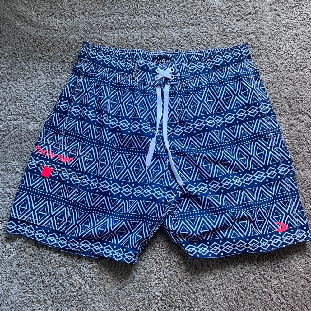 Pacific Surf Mens XXL Swim Trunks Navy Blue‎ Geometric Tribal Board Shorts Pink